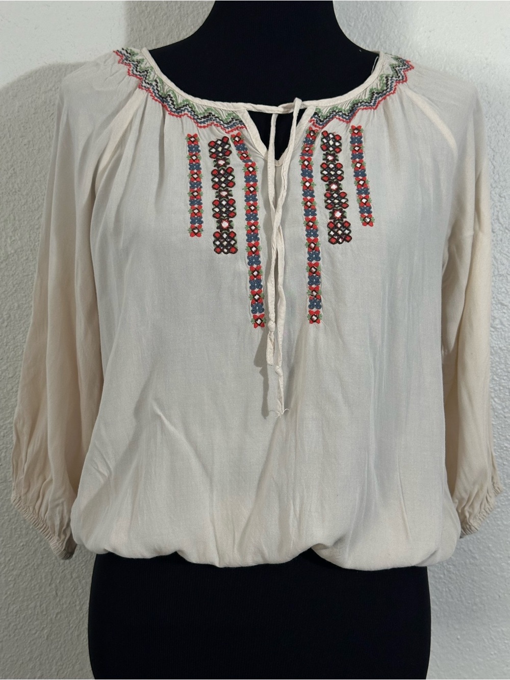 Embroidered Cream Peasant Blouse with Tie Neck
